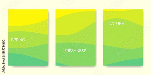 Fresh spring abstract backgrounds set. Flowing gradient layers. Organic forms, soft grain texture. Template for eco friendly lifestyle design, poster, cover, branding, banner, social media