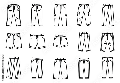 Line art clothing set featuring various styles of pants and shorts for fashion design