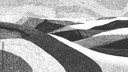 Abstract monochrome landscape with rolling hills and textured sky
