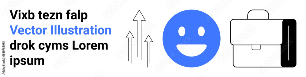 Obraz premium Business development, positivity, work-life balance, career growth, office tools, productivity. Blue smile emotion, black arrows and briefcase icon. Business growth and positivity concept