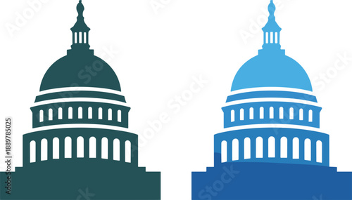 Minimalist capitol building dome icons in teal and bright blue representing government and legislative power.