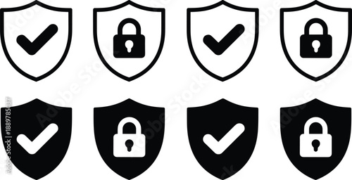 Six shields with checkmarks and padlocks in black and white