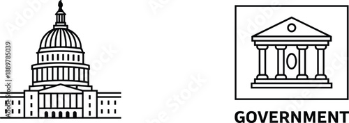 Minimalist government and justice icon set featuring a detailed capitol building dome and a courthouse pillar emblem.