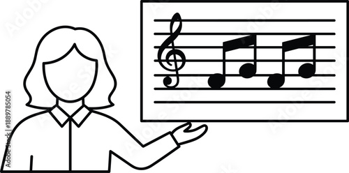 Minimal line illustration of music teacher presenting musical notes on board for education and learning concepts