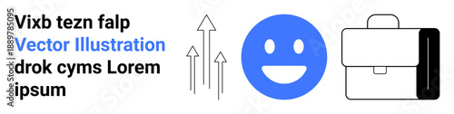 Business development, positivity, work-life balance, career growth, office tools, productivity. Blue smile emotion, black arrows and briefcase icon. Business growth and positivity concept