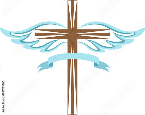 Christian cross with ribbon and wings. Vector isolated decoration element of crucifix.