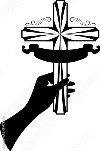 Christian cross with ribbon and decor in hand. Vector isolated decoration element of crucifix.