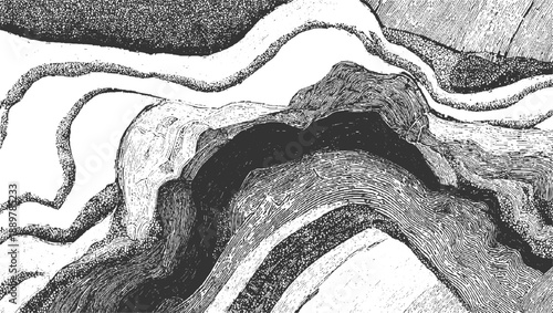 Detailed black and white cross section of geological strata showing rock layers and textures monochrome