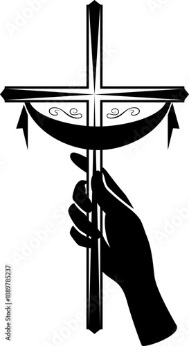 Christian cross with ribbon and decor in hand. Vector isolated decoration element of crucifix.