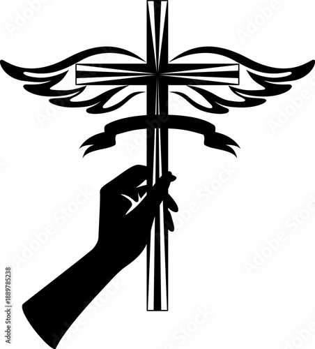 Christian cross with ribbon and wings in hand. Vector isolated decoration element of crucifix.