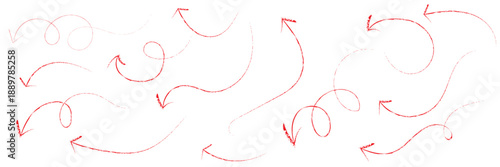 Hand Drawn Arrows and Direction Sketches.  Collection of red hand drawn arrows and doodle symbols showing movement, direction, and abstract navigation on a white background.

