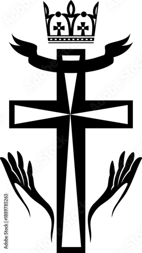 Christian cross with ribbon and crown in hands. Vector isolated decoration element of crucifix.