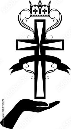 Christian cross with ribbon, crown and decor in hand. Vector isolated decoration element of crucifix.