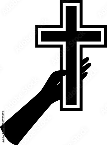 Christian cross in hand. Vector isolated decoration element of crucifix.