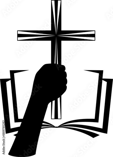 Christian cross in hand with open holy bible. Vector isolated decoration element of crucifix.