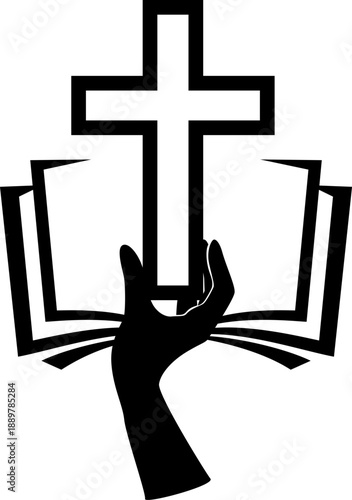 Christian cross in hand with open holy bible. Vector isolated decoration element of crucifix.