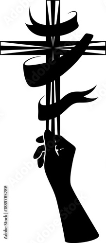 Christian cross with ribbon in hand. Vector isolated decoration element of crucifix.