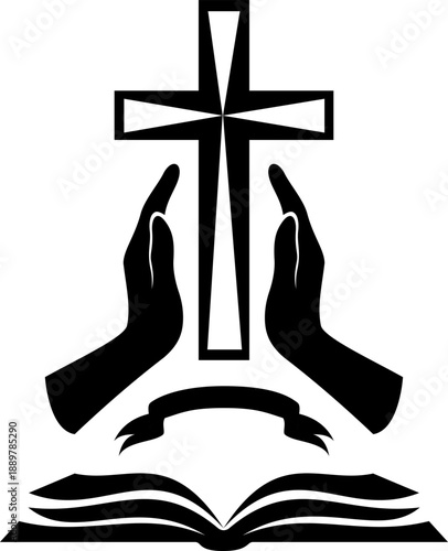 Christian cross with hands with open holy bible. Vector isolated decoration element of crucifix.