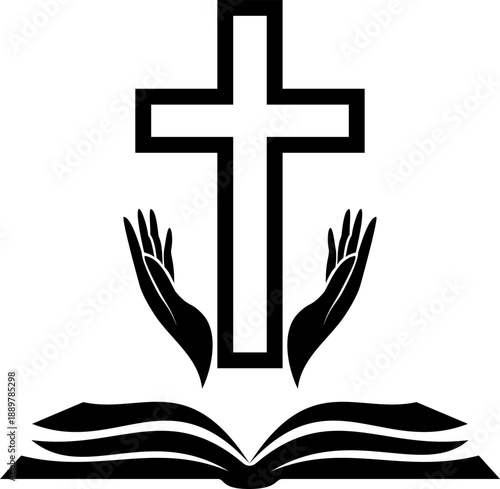 Christian cross with hands with open holy bible. Vector isolated decoration element of crucifix.