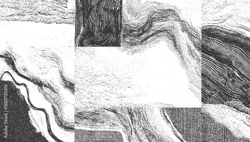 Black and white textured abstract collage with swirling lines and granular patterns grunge