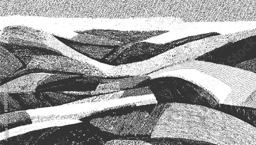 Black and white abstract textured landscape with rolling hills and textured sky