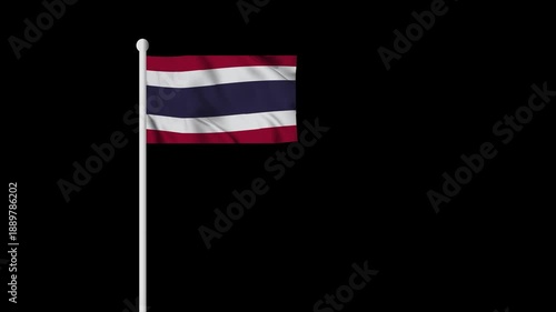 Thailand flag waving on a pole blowing in the wind, flag isolated on black background, waving flag animation