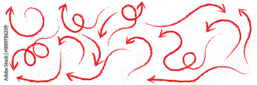 Hand Drawn Arrows and Direction Sketches.  Collection of red hand drawn arrows and doodle symbols showing movement, direction, and abstract navigation on a white background.

