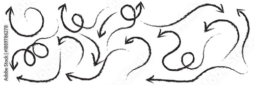 Hand Drawn Arrows and Direction Sketches.  Collection of black hand drawn arrows and doodle symbols showing movement, direction, and abstract navigation on a white background.


