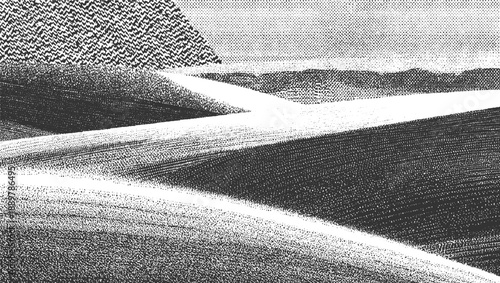 Black and white abstract landscape with rolling hills and textured sky monochrome