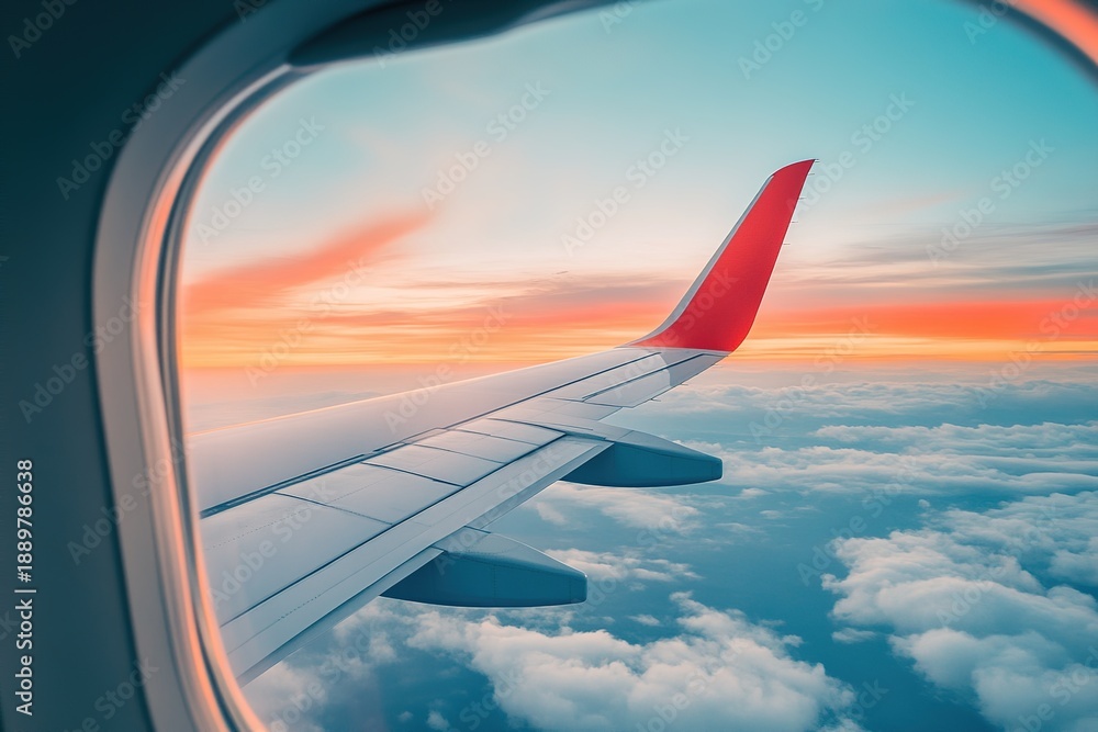 Fototapeta premium aircraft wing extends out from the window as it flies above fluffy clouds. sky shows bright colors of sunset with shades of orange and blue