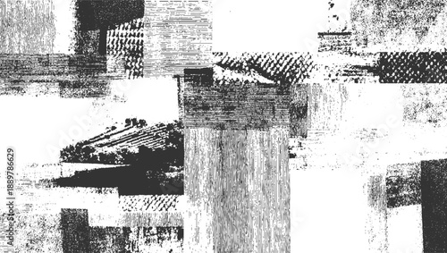 Abstract monochrome textured collage with horizontal and vertical lines and grainy patches pattern
