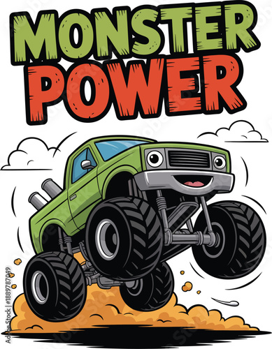 Green Monster Truck with Big Wheels Driving on Dirt 1