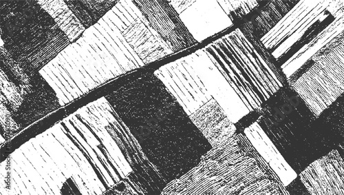 Black and white textured abstract pattern of geometric shapes and lines