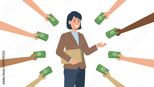 A cartoon woman surrounded by multiple hands giving her money bills