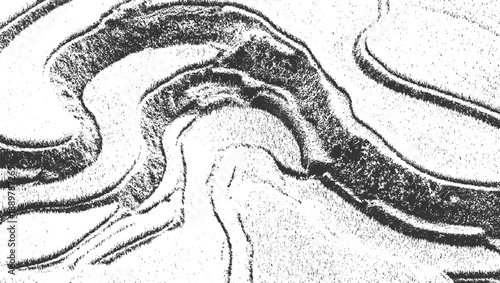 Abstract black and white textured pattern with swirling organic shapes and granular detail