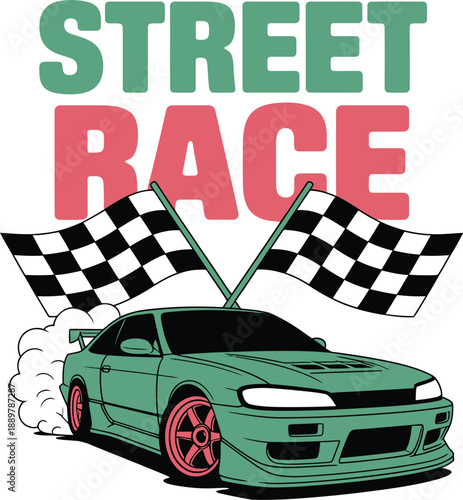 Green sports car with checkered flags and street race text