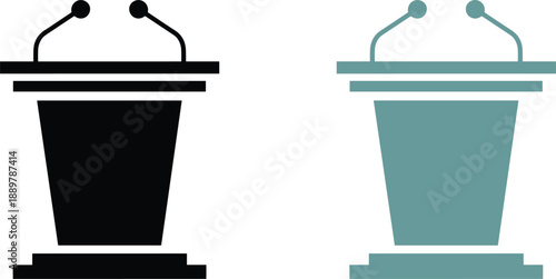 Podium lectern with microphones icon set black and colored versions political speech presentation vector illustration design