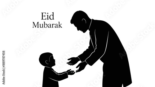 This image portrays a thoughtful Eid Mubarak scene emphasizing guidance, companionship, and respectful interaction within Islamic culture. The silhouette-based design uses simplicity to express deeper