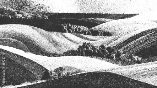 Black and white stippled landscape of rolling hills and trees texture