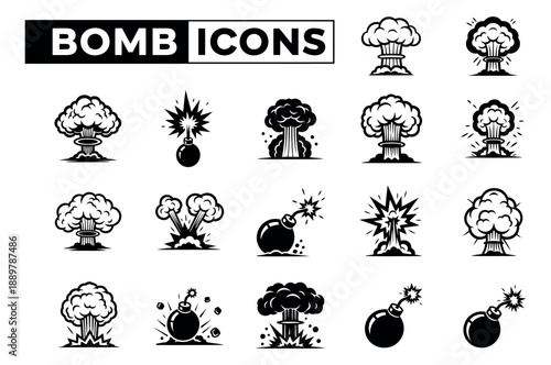 Bold graphic bomb and explosion icons set featuring mushroom clouds, exploding bombs, and lit fuse bombs for danger, war, or destruction themes