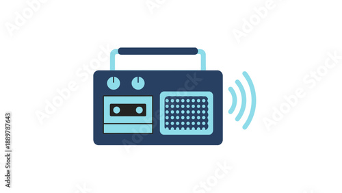 A minimalist vector graphic of a dark blue portable radio with light blue accents