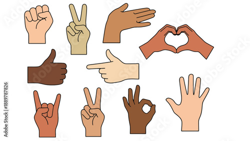 A diverse collection of hands making various gestures and signs
