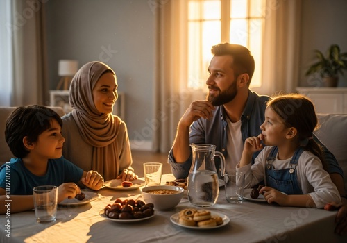 A happy family, including a mother in hijab, shares a meaningful meal with dates in warm, golden sunlight.