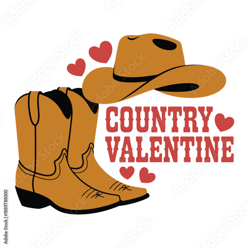 A cowboy boot and hat with hearts and the words 'Country Valentine' on a white background