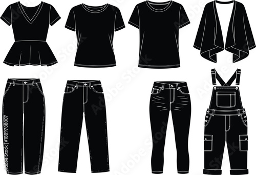 Collection of modern women clothing silhouettes including t-shirts, denim jeans, overalls, and casual tops, fashion apparel icons for retail design, vector 