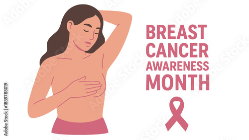 A woman supports breast cancer awareness with a pink ribbon and self-examination