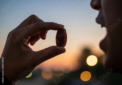 Silhouette capturing a hand presenting a dried date fruit to be eaten at sunset or during the Iftar fast break.