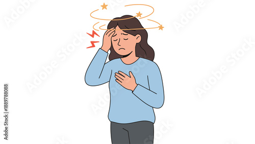 A stressed woman experiencing headache and anxiety with a worried expression