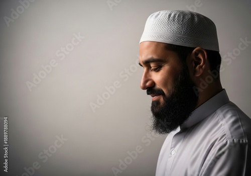 Serene portrait of a bearded Muslim man in profile, wearing a white prayer cap and reflecting quietly with eyes closed.