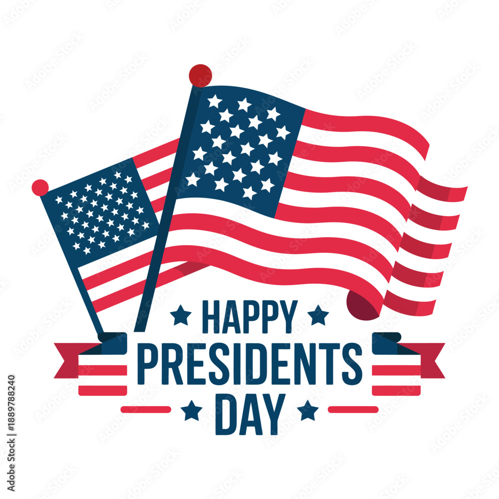 Fototapeta premium A graphic illustration of two American flags waving with a Happy Presidents Day message